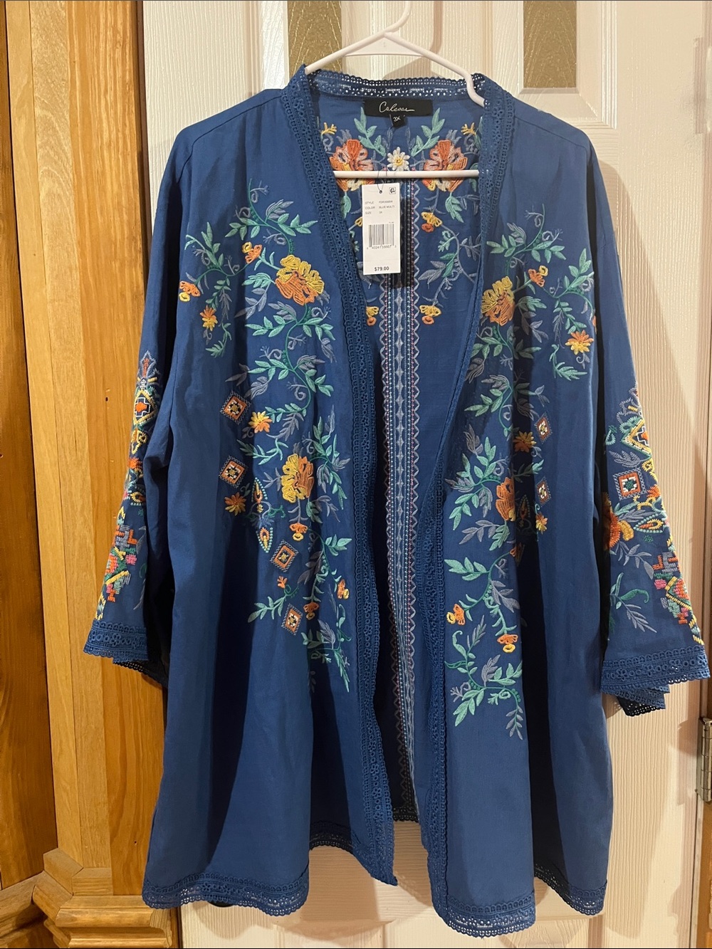 Calessa NWT Blue Floral Embroidered Open Cardigan